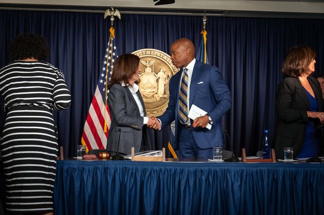 Gov. Kathy Hochul and Mayor Eric Adams shake hands at meeting in Manhattan of the New York State Financial Control Board
